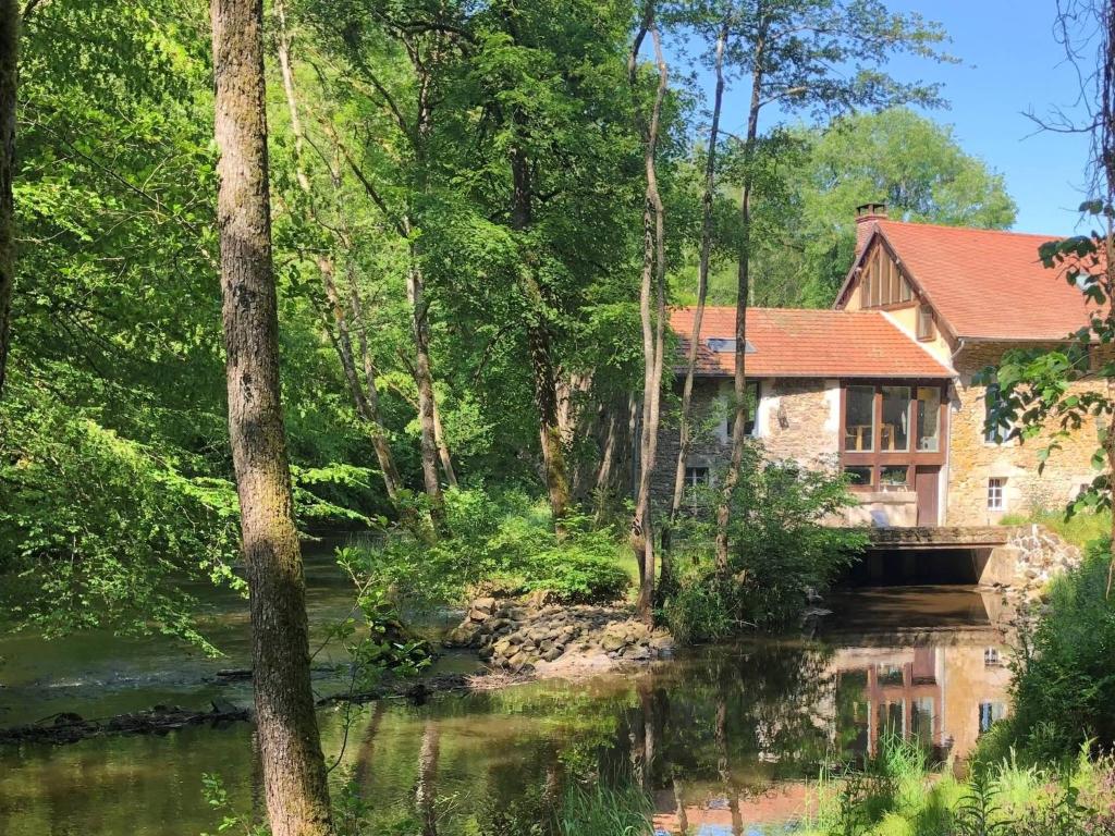 a house in the woods next to a river at Le Moulin de St André in Saint-André-en-Morvan