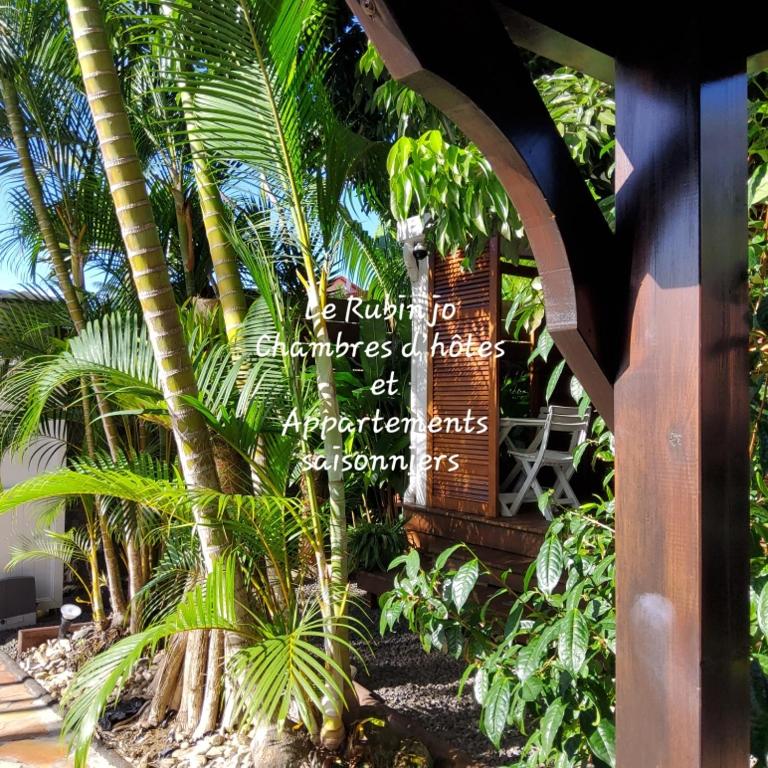 a sign in front of a group of palm trees at LE RUBINJO 2 in Saint-Benoît