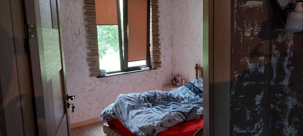 a bedroom with an unmade bed and a window at Dvalebi's Marani in Gori