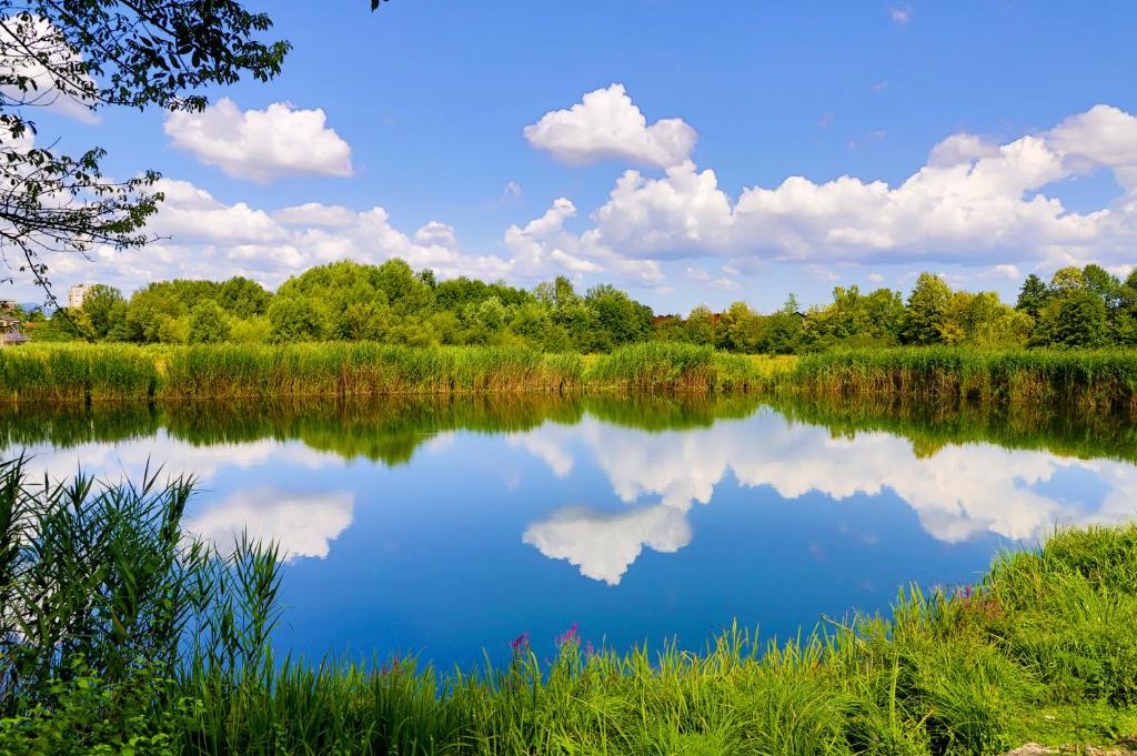 a lake with a reflection of clouds in the water at Una & Lake oasis in Bihać