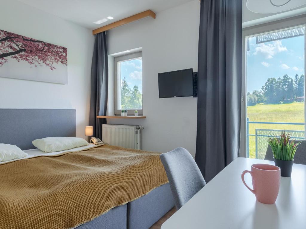 a bedroom with a bed and a table and a window at Appartement mit All inklusive Angebot und Pool in Runding