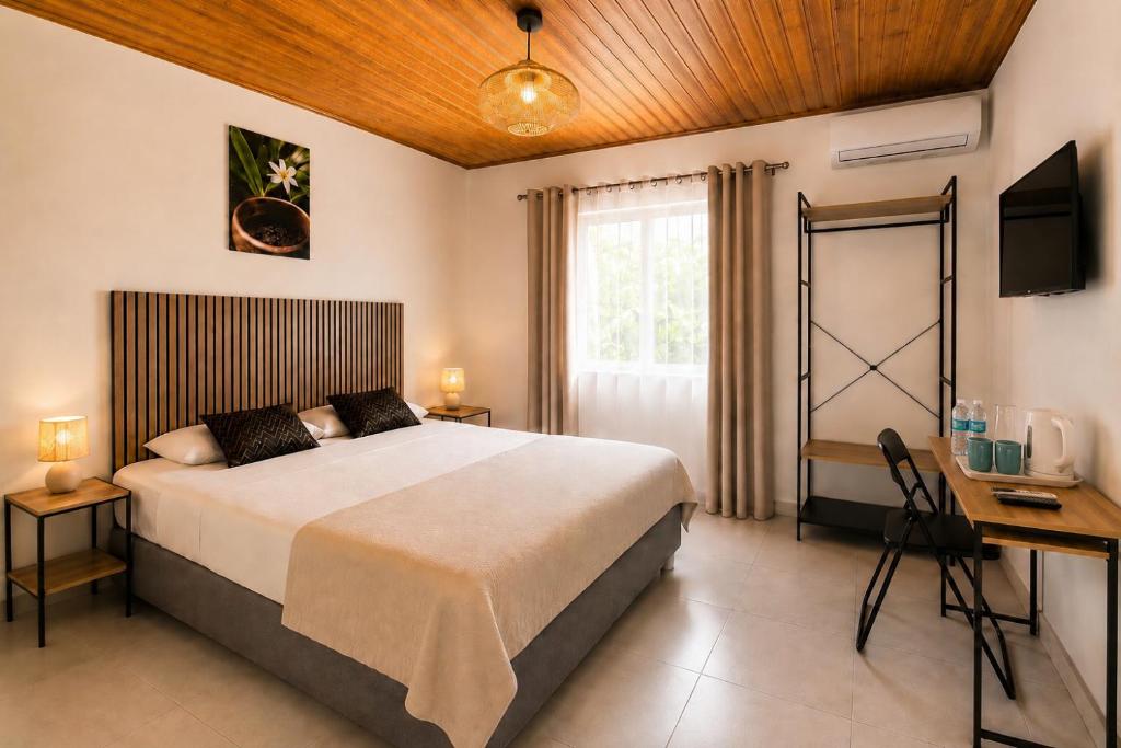 a bedroom with a bed and a desk and a television at La Kaz' Mathosie in Saint-André
