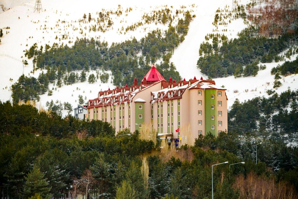un grand bâtiment sur le côté d'une montagne dans l'établissement Palan Ski & Convention Resort Hotel, à Erzurum