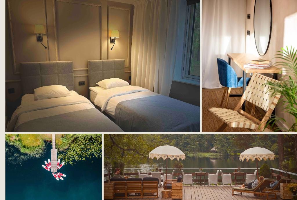 a collage of pictures of a hotel room with two beds at Tuba järveäärses puhkemajas - Saarjärve Puhkemaja in Tromsi