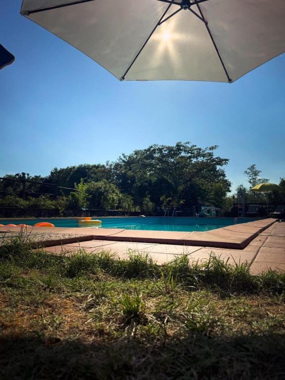 a swimming pool with an umbrella in front of it at B&B la boffalora in Zaffignano