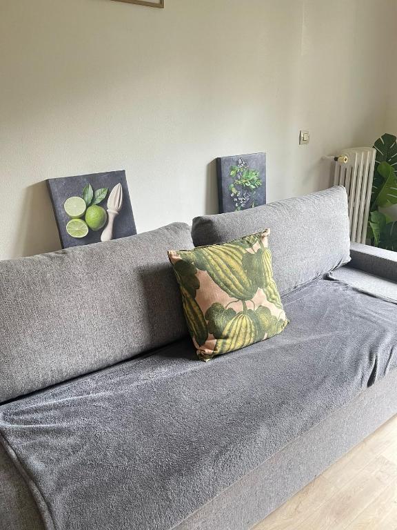 a gray couch with two pictures on the wall at Appartement familial RDC in Boulogne-Billancourt