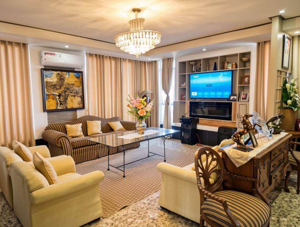 a living room with a couch and a tv at The Canley Boutique Hotel Ortigas Pasig Metro Manila in Manila