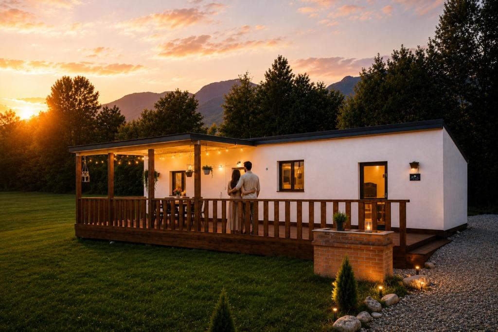 a man and a woman standing in front of a house at RAI Lodges Bran - Predelut in Bran