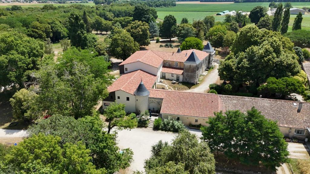 an aerial view of a large house with a roof at Logis Insolites et Restaurant Domaine du Seudre in Saint-Germain-du-Seudre