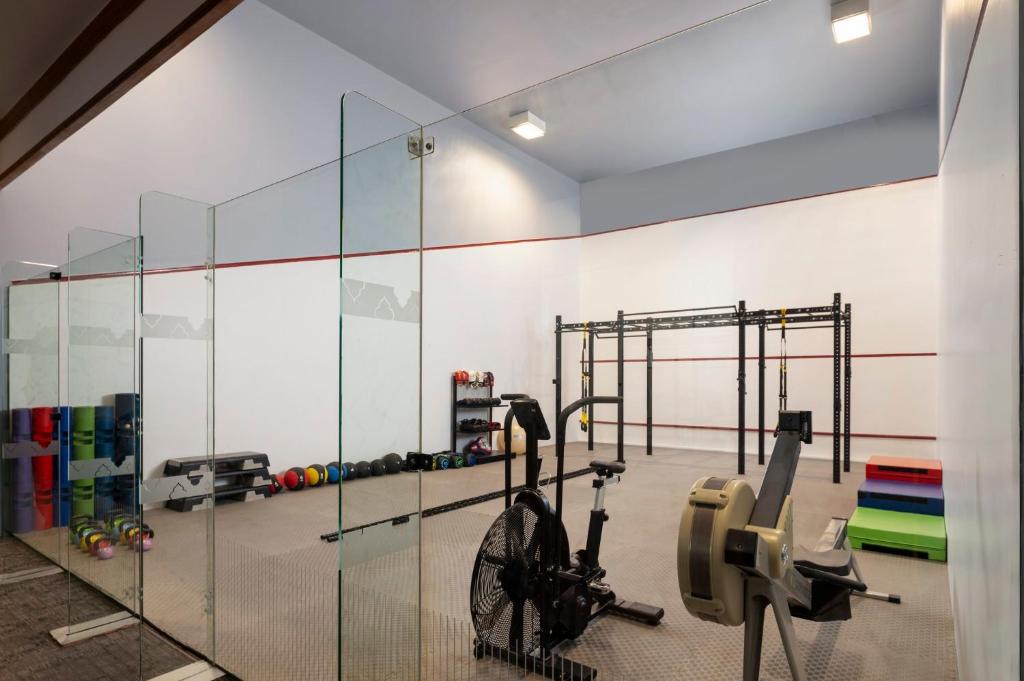 A compact glass-walled training room with free weights, racks and cardio equipment.