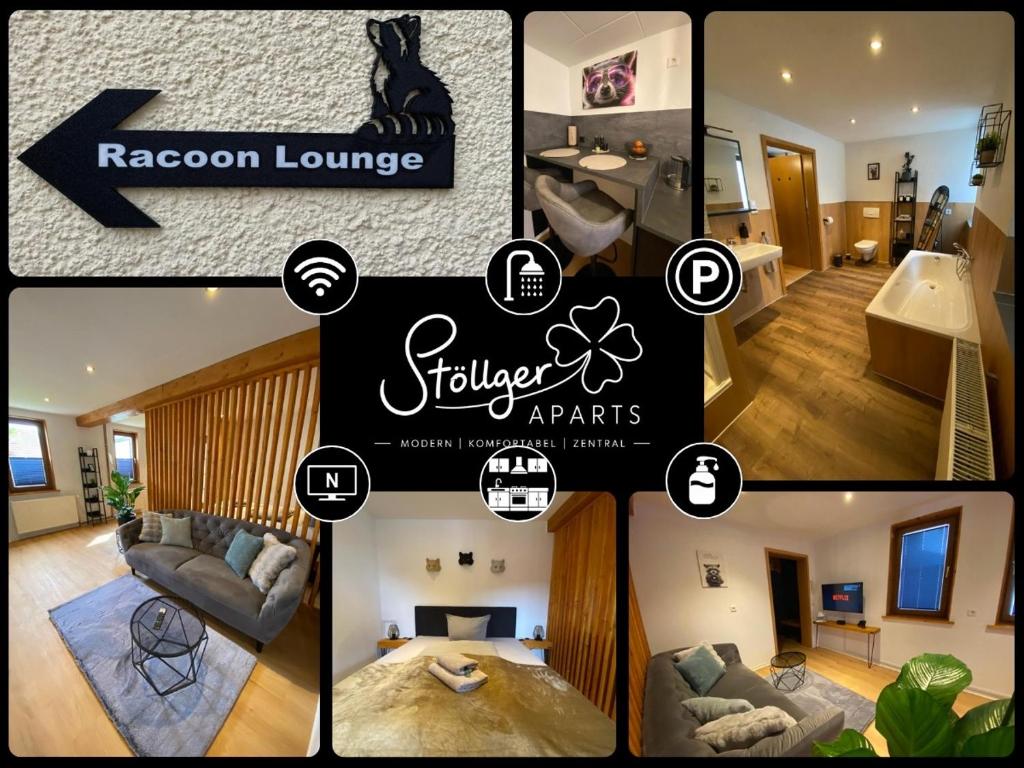 a collage of four pictures of a living room at Racoon Lounge in Bad Liebenstein