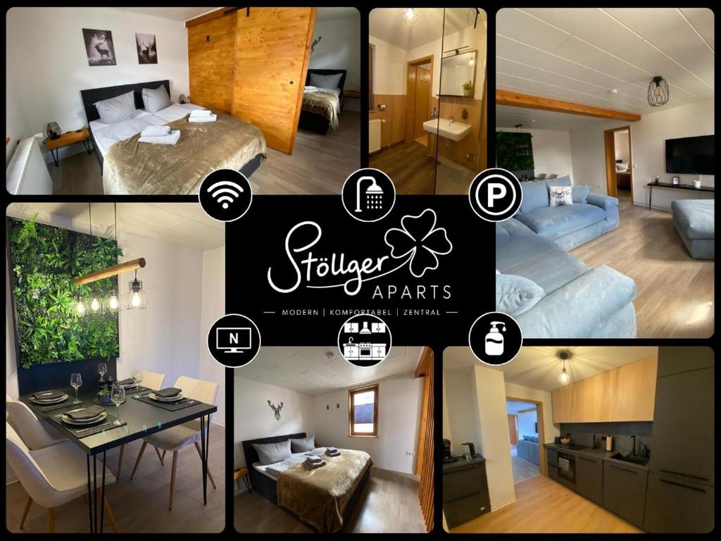 a collage of four pictures of a hotel room at Deer Lounge in Bad Liebenstein