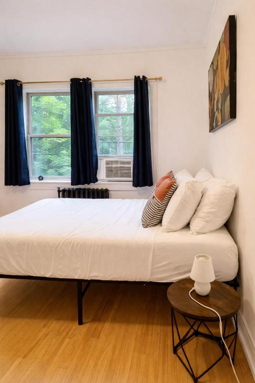 a large white bed in a room with two windows at Downtown High Falls Studio Apt, Kitchen, TV in Rochester