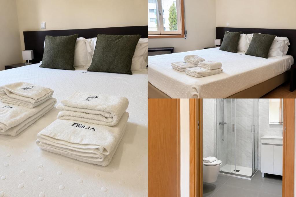 three pictures of a bedroom with towels on a bed at Dona Emília Mercado in Viana do Castelo