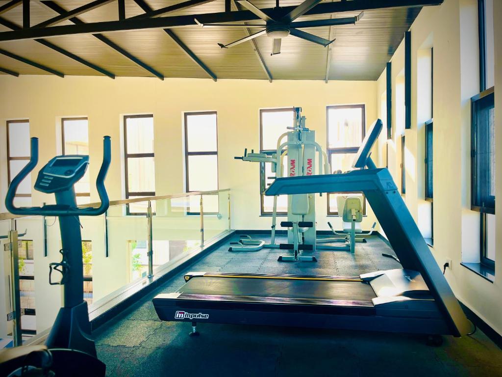 a gym with a treadmill and a machine in a room at Maxi villa maamalla in Mahabalipuram