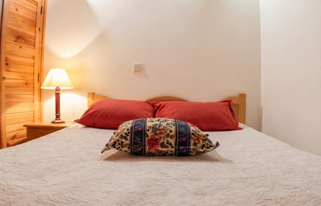a bed with two red pillows on top of it at Cosy apartment in Seia, 25 sqm, welcoming fireplace in Seia