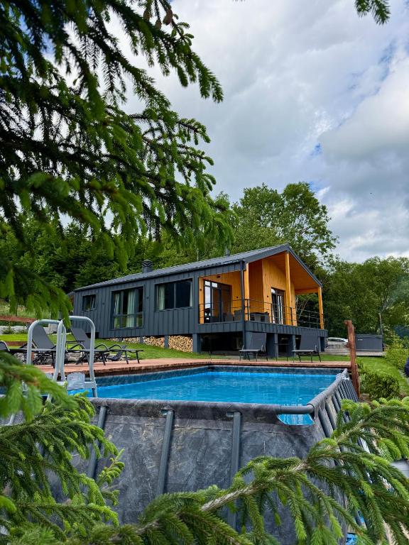 a house with a pool in front of it at Мої Гори in Pilipets
