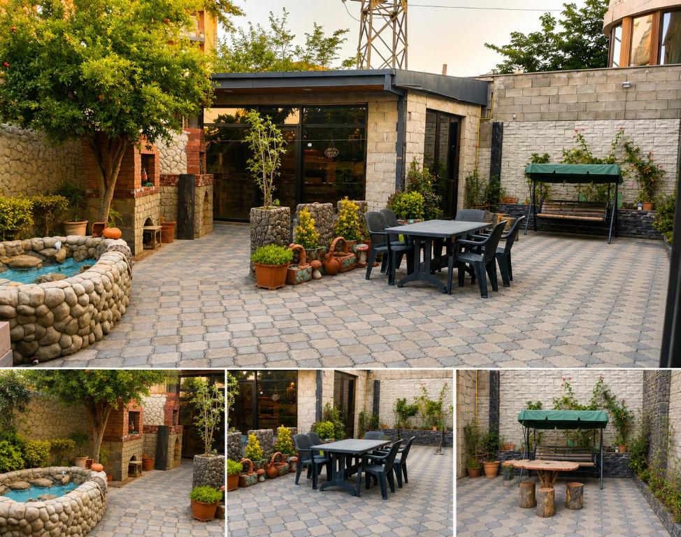 a patio with tables and chairs in front of a building at Ortachala Summer House in Tbilisi City