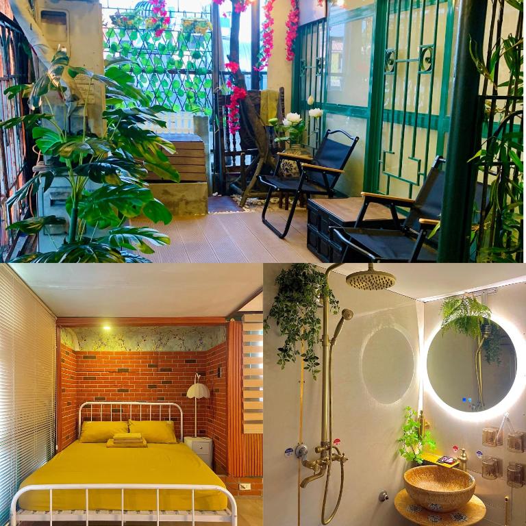 two pictures of a room with a bed on a balcony at Old House Homestay in Hanoi