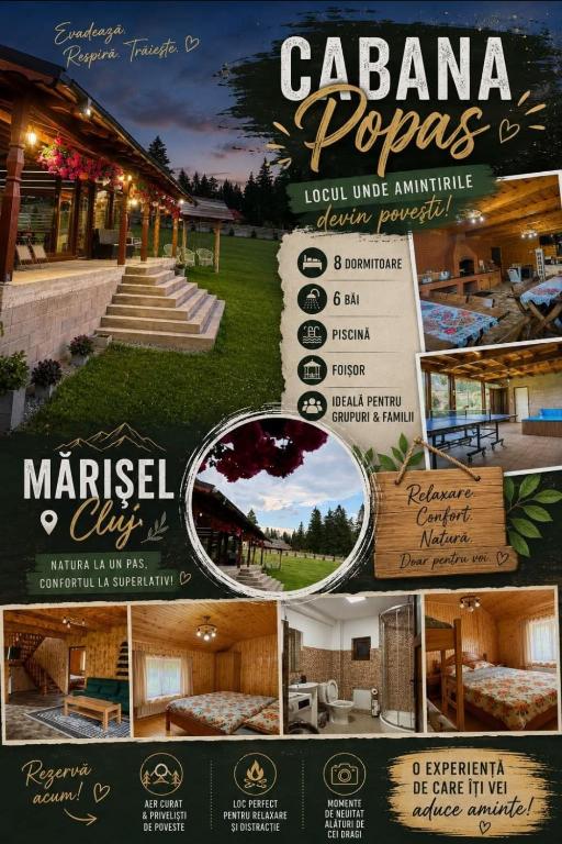 a collage of photos of a restaurant and a flyer at Cabana Popas in Mărişel