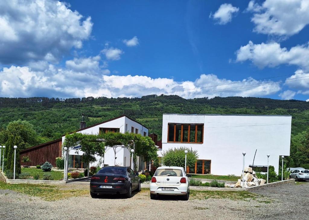 a white house with two cars parked in front of it at Centrul 3H in Sub Piatra