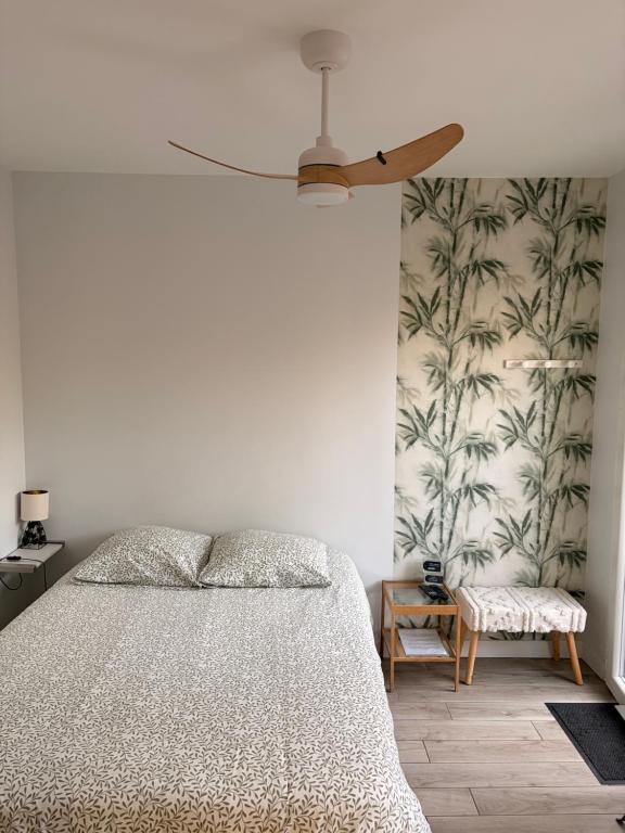 a bedroom with a bed and a ceiling fan at les aulnes de sanguinet lac et piste cyclable ,5mn à pied in Sanguinet