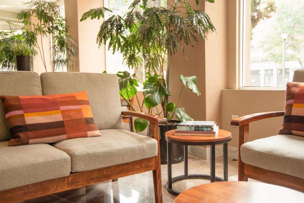 A compact hotel sitting area with upholstered seating, plants, and a window.