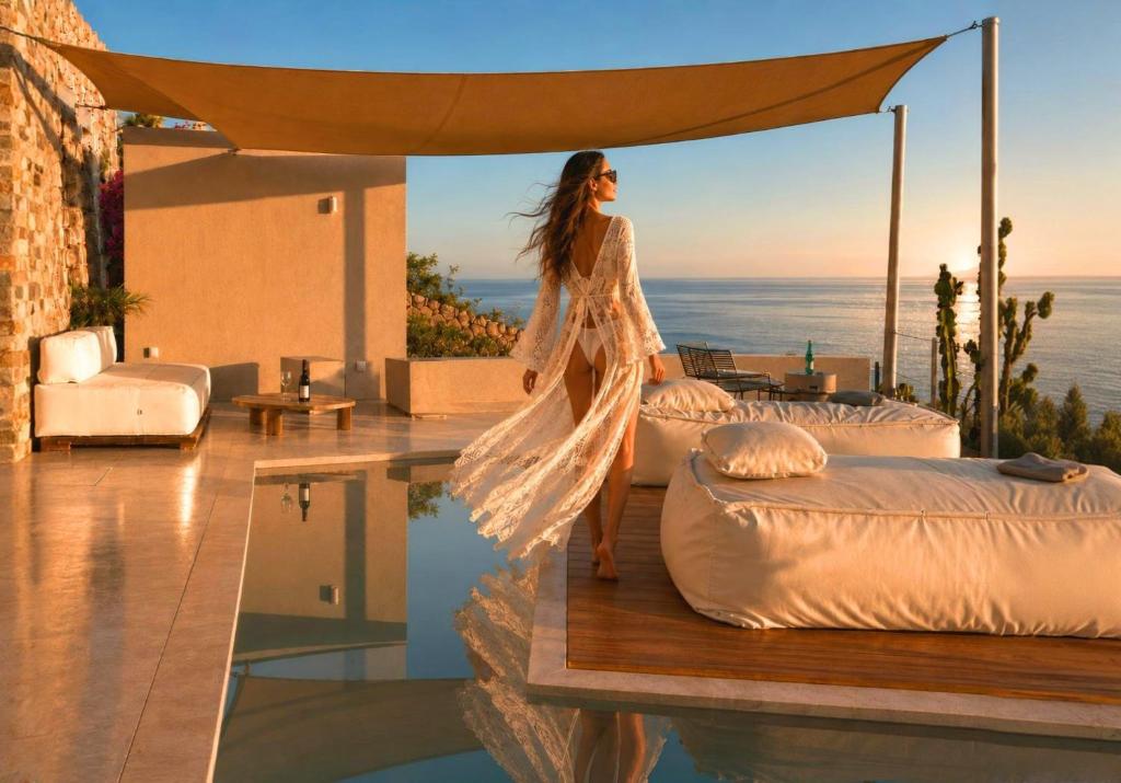 a woman in a dress standing next to beds at Santorini Heights in Pyrgos