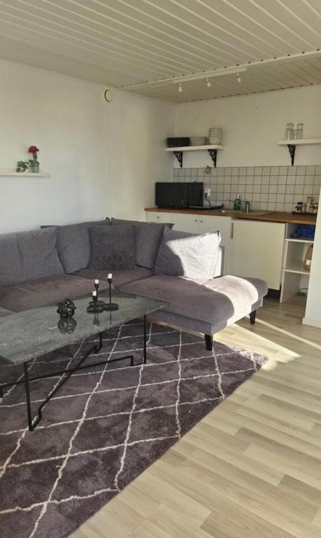 a living room with a couch and a coffee table at Gäststugan in Åkersberga