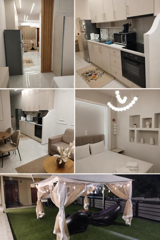 a collage of photos of a kitchen and a living room at Garden apartment G in Xanthi