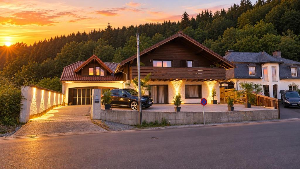 a house with a car parked in front of it at GreenHell Stays Müsch - Nürburgring in Müsch