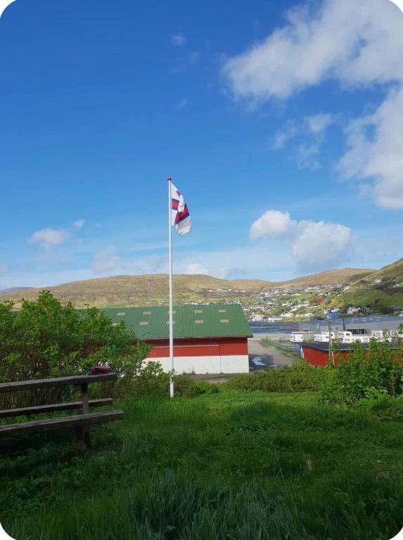 a flag on a pole in the grass next to a building at Central apartment in Vestmanna in Vestmanna