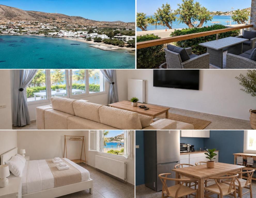 a collage of photos of a living room with a view at Araucaria Beachfront Residence in Finikas
