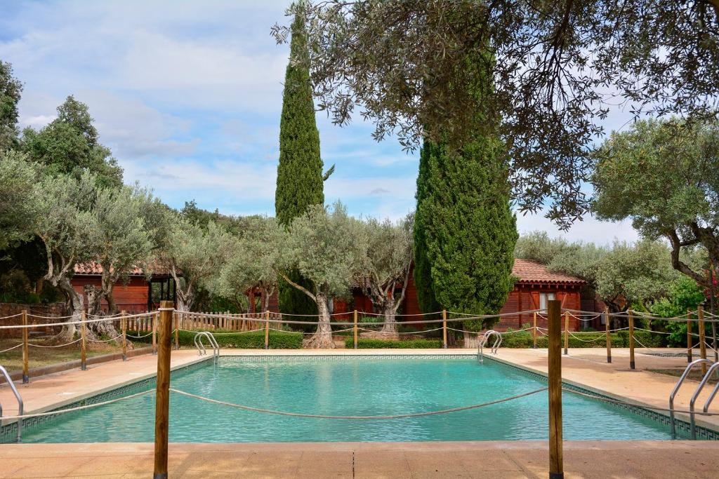 a swimming pool in a yard with trees at Camping Alquézar in Alquézar
