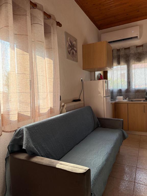 a living room with a couch in a kitchen at Maronia Villa in Maronia