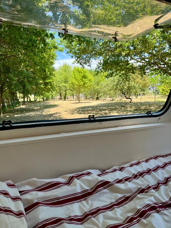 a view from a window of a bed in a truck at La caravane dans le verger in Saint-Erblon