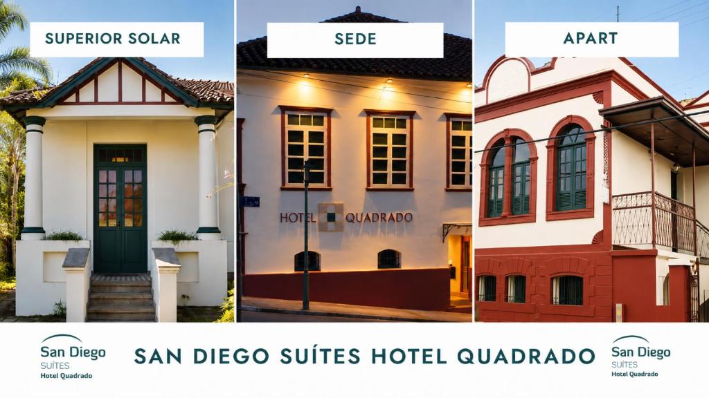 eine Collage aus drei Bildern eines Hauses in der Unterkunft San Diego Suítes Hotel Quadrado in Santa Bárbara