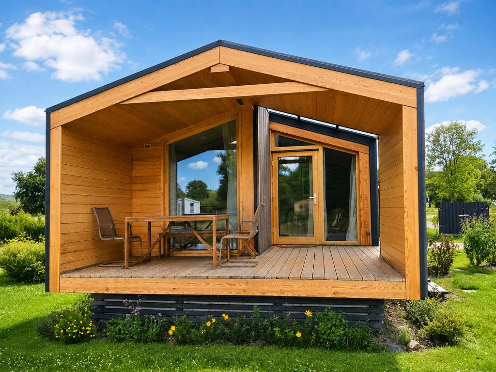a small cabin with a wooden deck with a table at 401 Ruhiges Tiny House mit Wiese in Bleckede