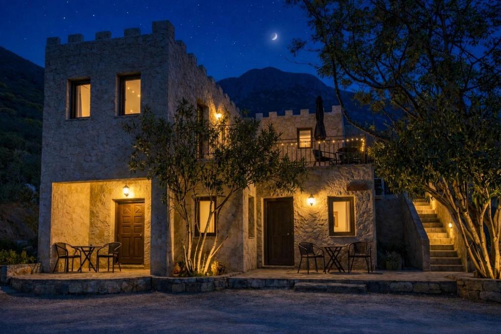 a night view of a stone house with lights at Castello in Porto Kagio