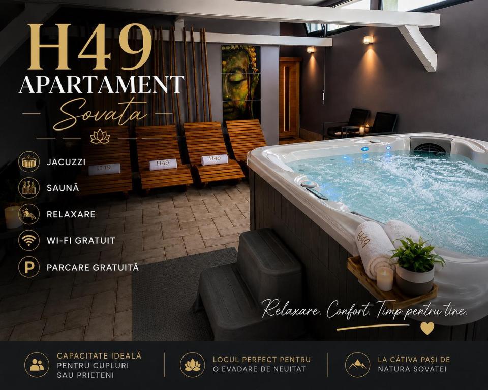 eine Zeitschriftenanzeige für eine Whirlpool-Badewanne in einem Zimmer in der Unterkunft H49 Apartman Wellness & Spa - Adults only in Sovata