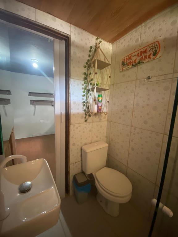 a small bathroom with a toilet and a sink at Pouso do caiçara suíte fundo do mar in Paraty
