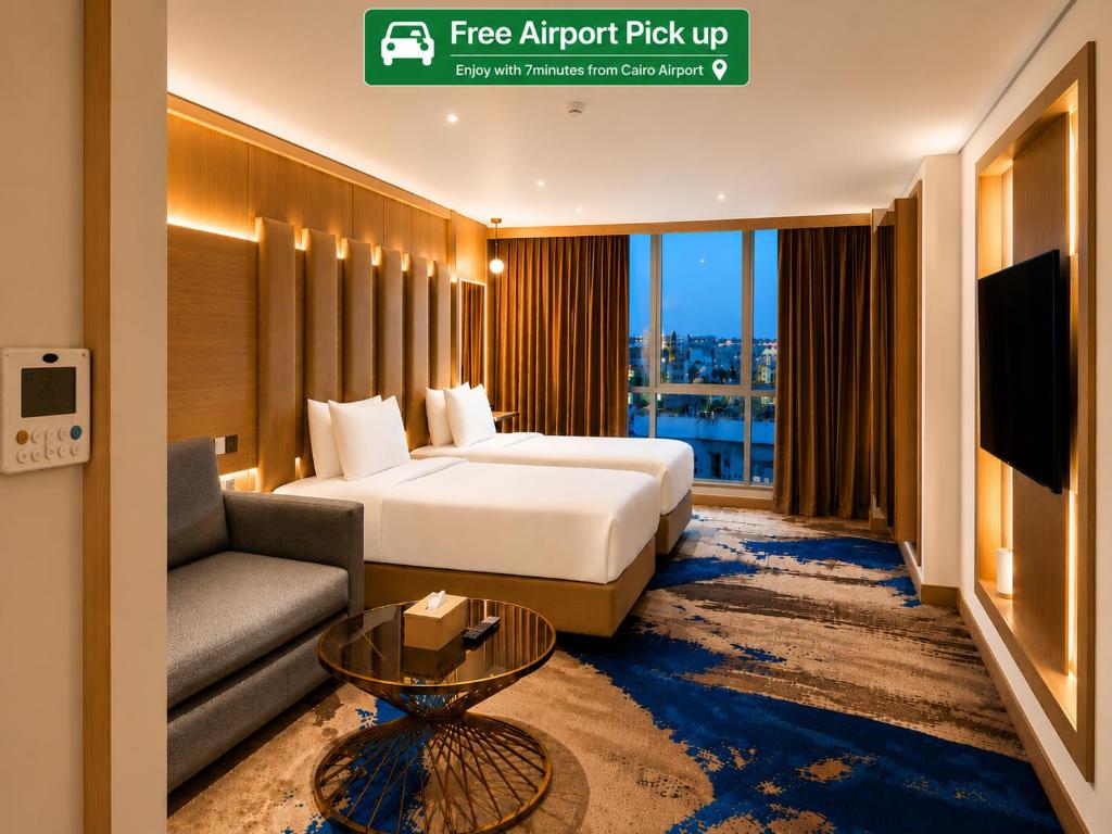 a hotel room with a bed and a couch at Flamingo Cairo Airport Hotel & Free Airport Pickup in Cairo
