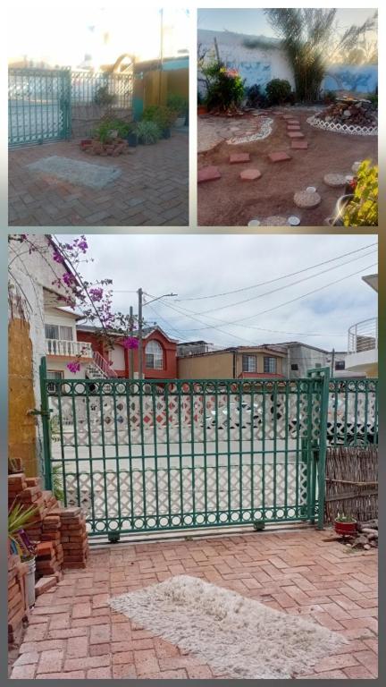 two pictures of a green gate and a house at Peaceful Haven in Rosarito