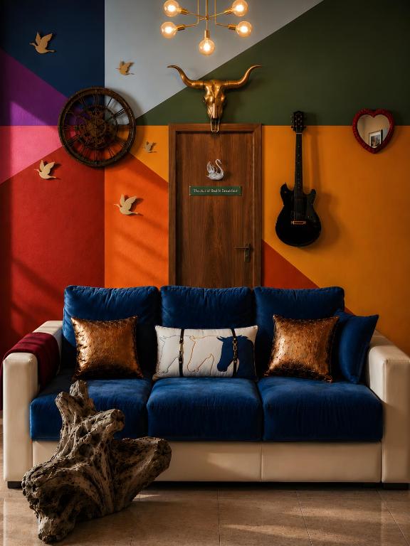 a blue couch in a room with a colorful wall at UTOPIA "The Art of Bed & Breakfast" in Marigliano