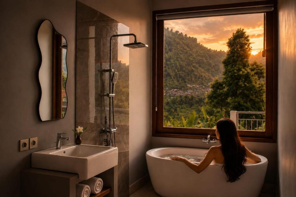 a woman sitting in a bath tub in a bathroom with a window at SARALA sidemen guest house in Sidemen