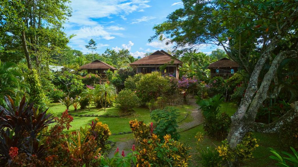 a garden with two gazebos in the background at Villas Serenidad in Puerto Viejo