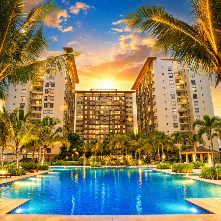 a large swimming pool with palm trees in front of buildings at Alabang Staycation by East Bay Residence in Sampong