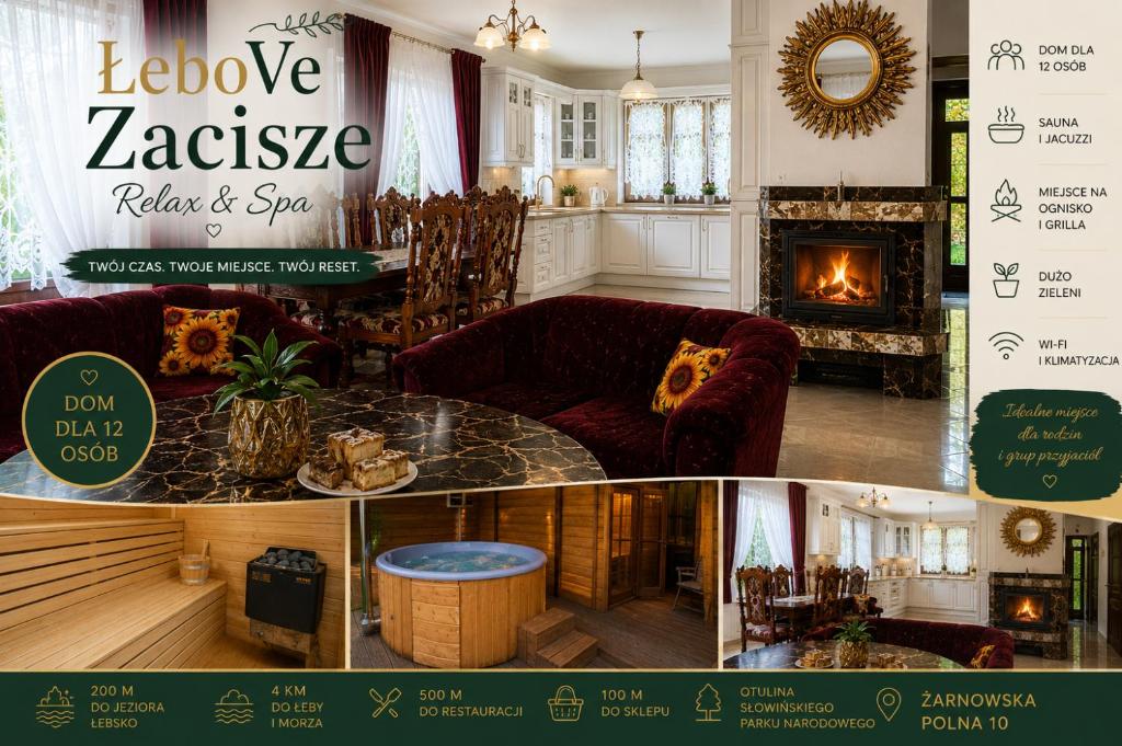 a collage of pictures of a living room with a fireplace at ŁeboVe ZaCisze Spa & Relax in Łeba