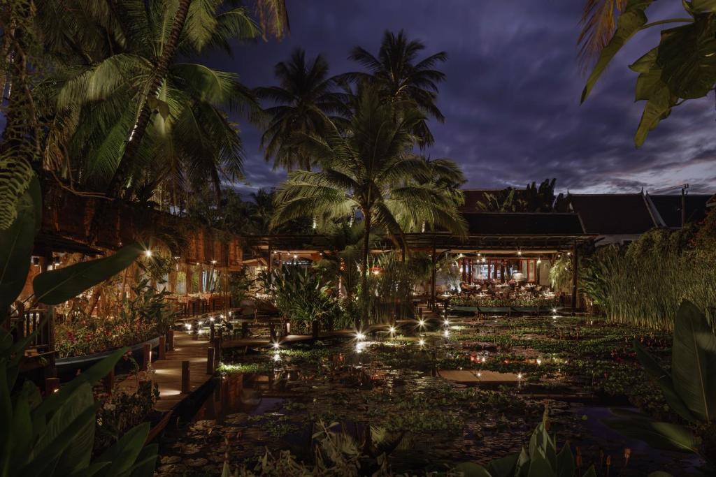 a garden with lights and palm trees at night at Maison Dalabua in Luang Prabang