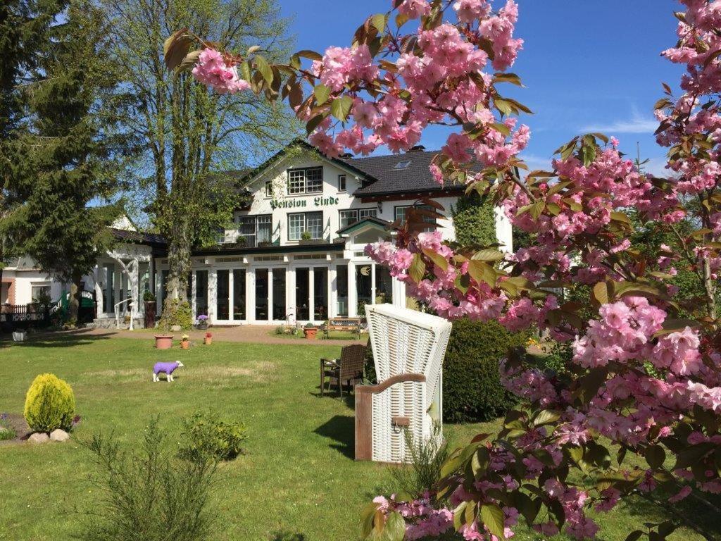 una grande casa bianca con un cortile con fiori rosa di Pension Linde Prerow a Prerow